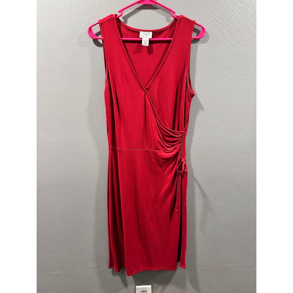 Ann Taylor LOFT Red Faux Wrap Ruched Sleeveless Sheath Dress Size 10 V-Neck